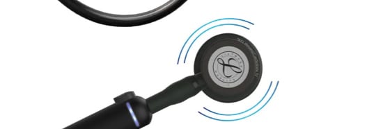 Stéthoscope numérique CORE Littmann® 3M(MC) avec des lignes représentant des vibrations sortant du pavillon.