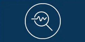 Icon of a white magnifying glass with sound wave on a dark blue background.
