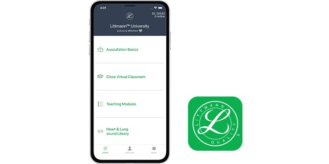 Un iPhone avec l’Application universitaire Littmann® à côté de l’icône de l’application.
