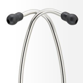 Shiny aluminum eartubes of a 3M Littmann Stethoscope symmetrically crossing each other, with black eartips on the ends.