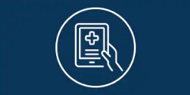 Icon of a white book with lightbulb overhead on a dark blue background.
