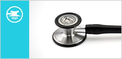 Close-up of a 3M Littmann Cardiology III Stethoscope chestpiece plus a tunable diaphragm icon in white on a cyan background.
