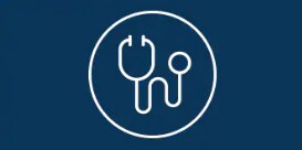Icon of a white stethoscope on a dark blue background.
