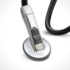 Close-up of the chestpiece and controls of a 3M Littmann Electronic Stethoscope Model 3200.