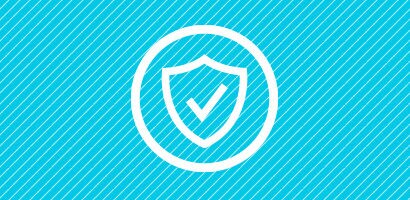 Circular cyan icon of a check mark on a shield.
