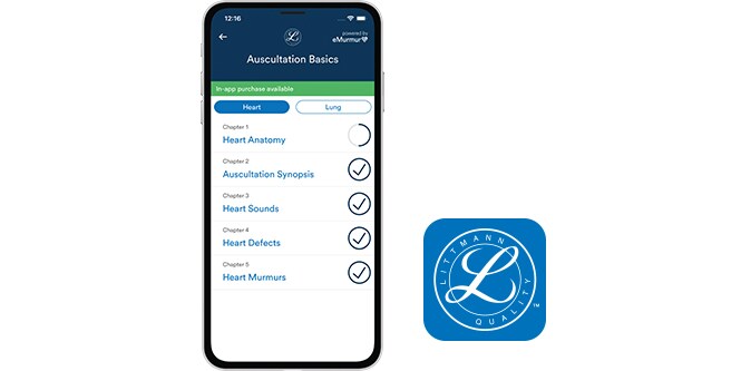 Un iPhone avec l’Application d’apprentissage Littmann à côté de l’icône de l’application.
