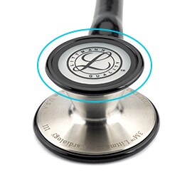 Cyan ring highlighting the tunable diaphragm that’s closing the bell of a 3M Littmann Cardiology III Stethoscope.