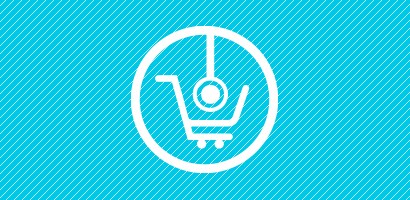 Circular cyan icon of stethoscope going into a shopping cart
