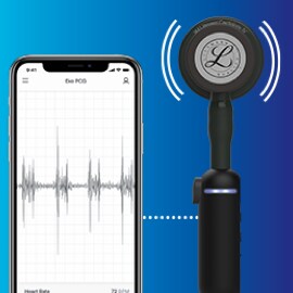 A 3M™ Littmann® CORE Digital Stethoscope beside a smartphone displaying a reading from the stethoscope.