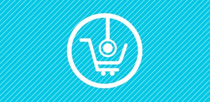 Circular cyan icon of stethoscope going into a shopping cart
