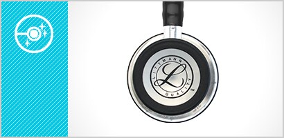 Pediatric side of a 3M Littmann Classic III Stethoscope chestpiece plus a sparkling clean chestpiece icon in white on a cyan background.
